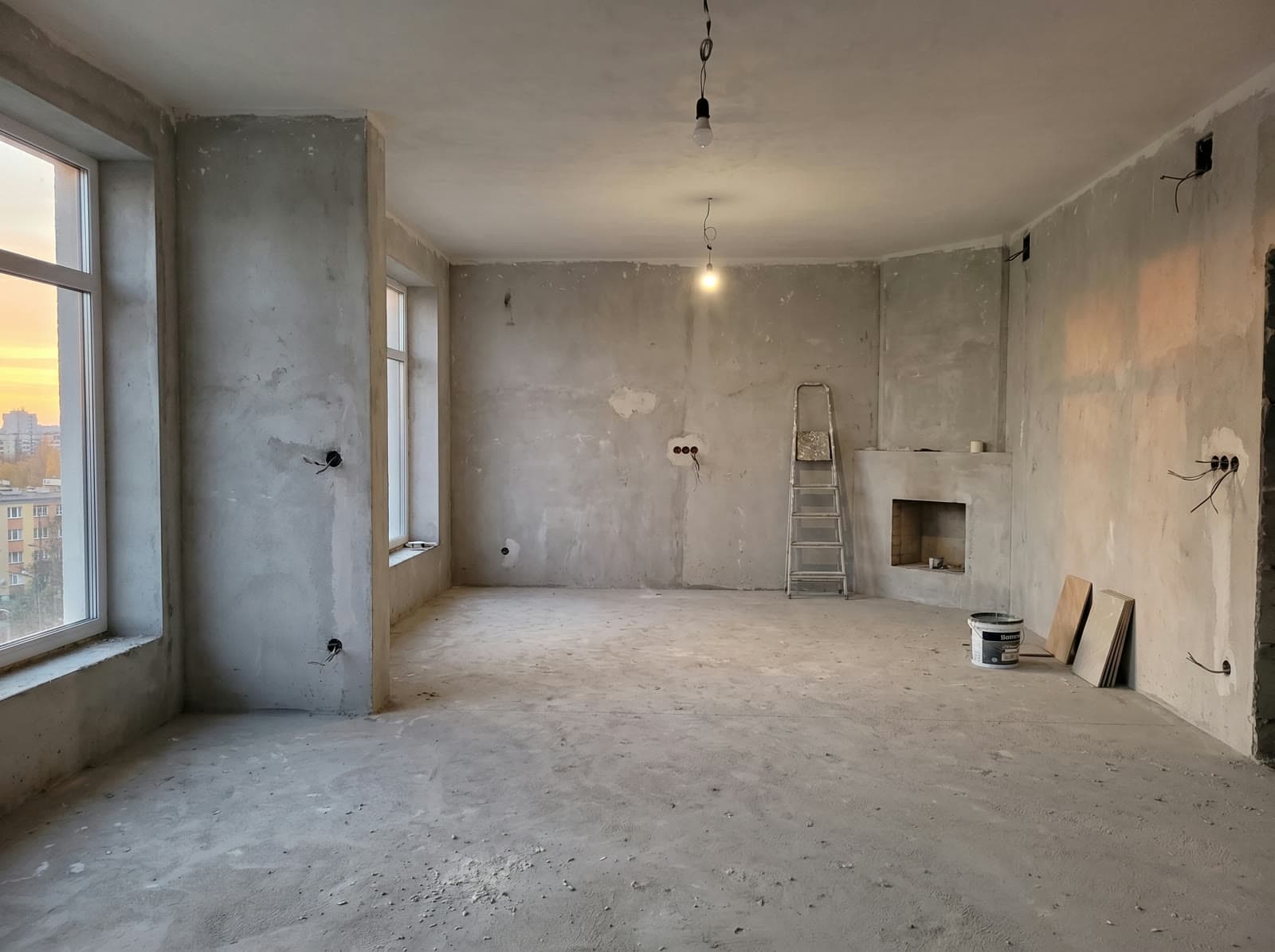 To samo pomieszczenie w stanie deweloperskim — surowe ściany, wylewka, odsłonięta instalacja